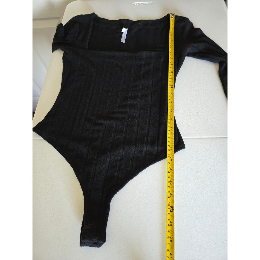 Free People Small Beside Me Ribbed Long Sleeve Thong Bodysuit Black Square Neck - Picture 9 of 11